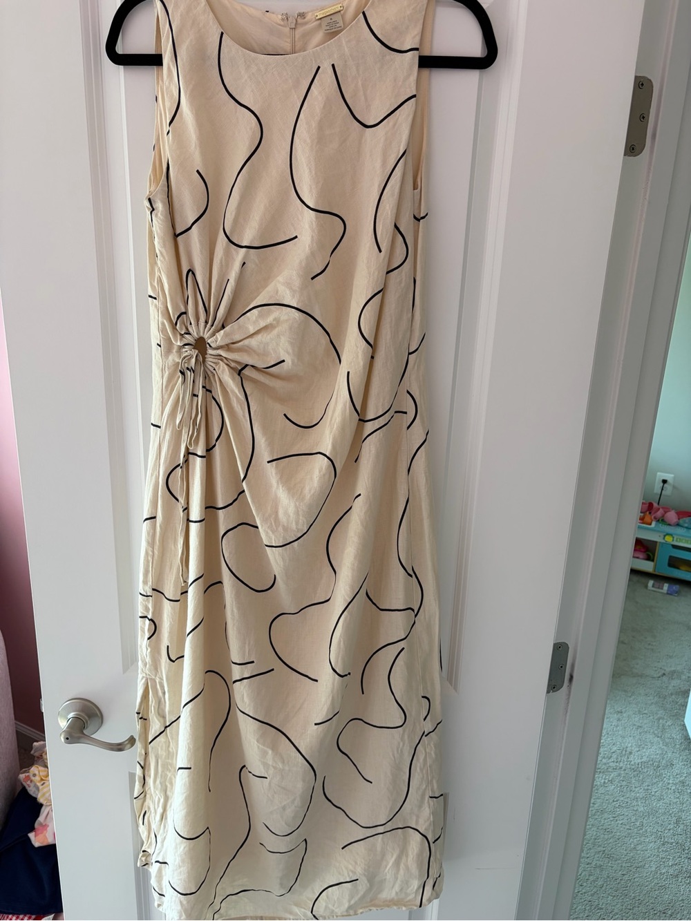 Magaschoni Cream Midi Dress with Black Abstract Lines and Knot Detail